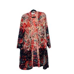 Inka Woman’s Red Blue Floral Open Front Long Sleeve Sheer Kimono Size Large Boho